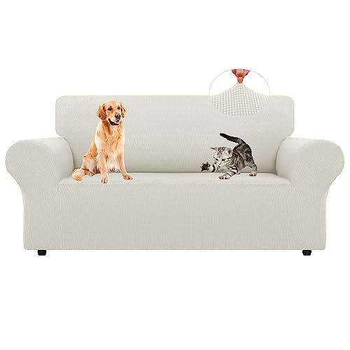 LURKA Stretch Loveseat Sofa Slipcovers 1 Piece Couch Covers for Sofa Furniture Protector Full Sofa Covers with Elastic Bottom for Kids and Dog Medium Ivory