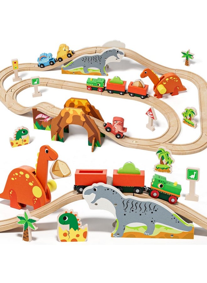Lehoo Castle Wooden Train Set, Dinosaur Wooden Train Track Set, Wood Toy Train Set For Toddlers 2-4, Train Toys For Toddlers 3-5, Fits Thomas, Fits Brio, Fits Melissa And Doug  - Image 1