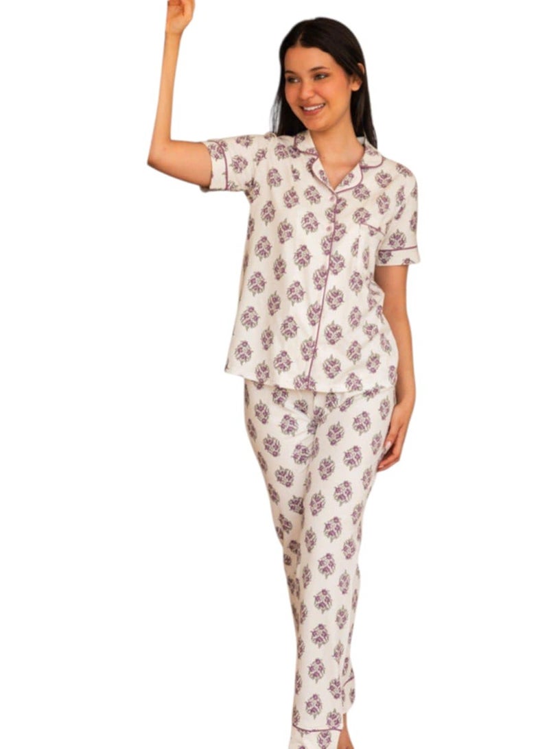 KERA Cotton women buttoned printed short sleeve pajamas set - Image 1