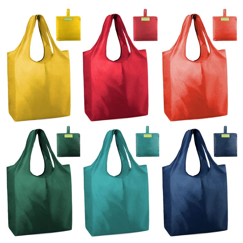 BeeGreen Foldable Travel Bag Reusable Shopping Bags for Groceries - 6 Pack Large Collapsible Bags - Lightweight Machine Washable Tote Bags - Colorful Kitchen Grocery Bags (Red, Orange, Green)â€‹ - Image 1