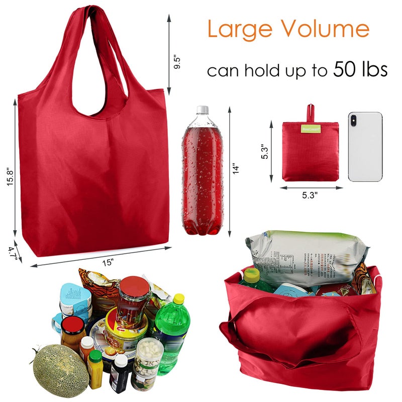 BeeGreen Foldable Travel Bag Reusable Shopping Bags for Groceries - 6 Pack Large Collapsible Bags - Lightweight Machine Washable Tote Bags - Colorful Kitchen Grocery Bags (Red, Orange, Green)â€‹ - Image 3