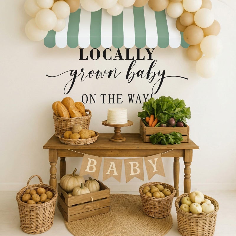 Amyhill 2 Pcs Locally Grown Baby Shower Decorations Set Farmers Market Party Decor with Green and White Striped Canopy and Locally Grown Baby on the Way Felt Sign for Festival Plant Themed Activity - Image 2