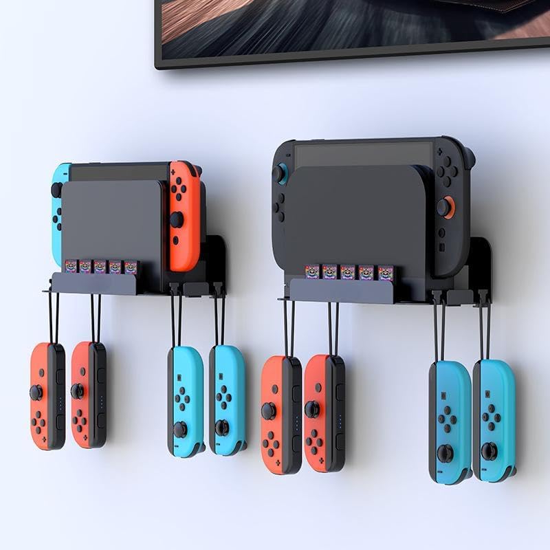 رف حائط لوحدة تحكم Switch 2/1/OLED، منظم ملحقات الألعاب مع 5 فتحات لبطاقات الألعاب و4 حاملات لأذرع التحكم، حامل موفر للمساحة خلف التلفاز (أسود كربوني) - Image 1