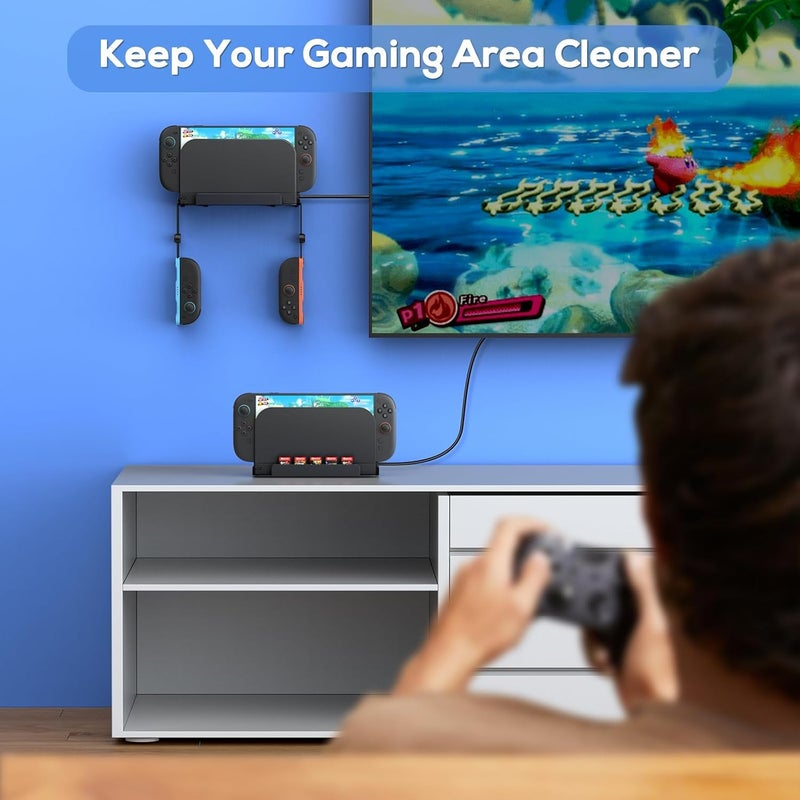 رف حائط لوحدة تحكم Switch 2/1/OLED، منظم ملحقات الألعاب مع 5 فتحات لبطاقات الألعاب و4 حاملات لأذرع التحكم، حامل موفر للمساحة خلف التلفاز (أسود كربوني) - Image 5