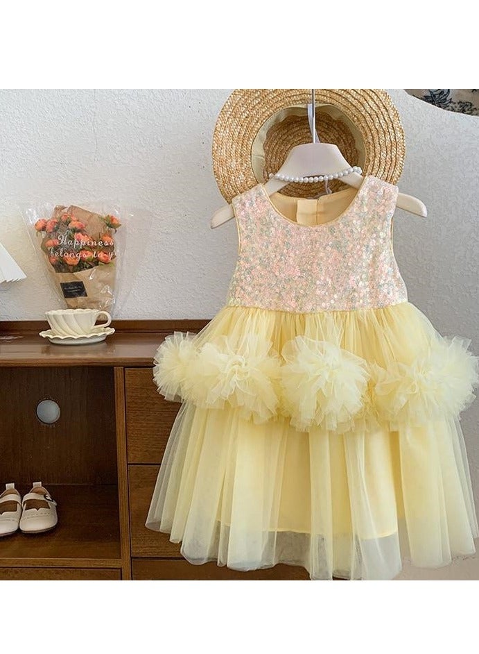 Yellow Sequin Bodice Double-Tier Tulle Princess Dress for Toddler Girls, Perfect for Birthday Parties, Photo Shoots & Special Occasions, Fits Height 100–110 cm (3–4 Y, 15–18.5 kg), Soft Polyester  - Image 2