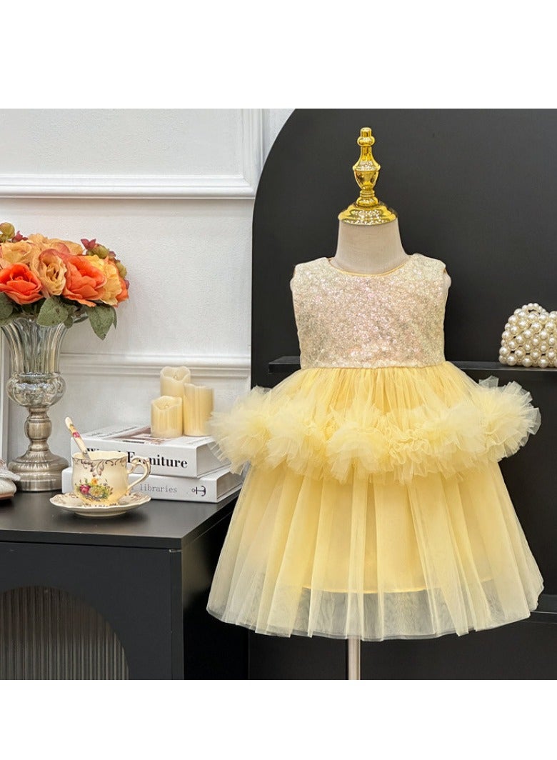 Yellow Sequin Bodice Double-Tier Tulle Princess Dress for Toddler Girls, Perfect for Birthday Parties, Photo Shoots & Special Occasions, Fits Height 100–110 cm (3–4 Y, 15–18.5 kg), Soft Polyester  - Image 1