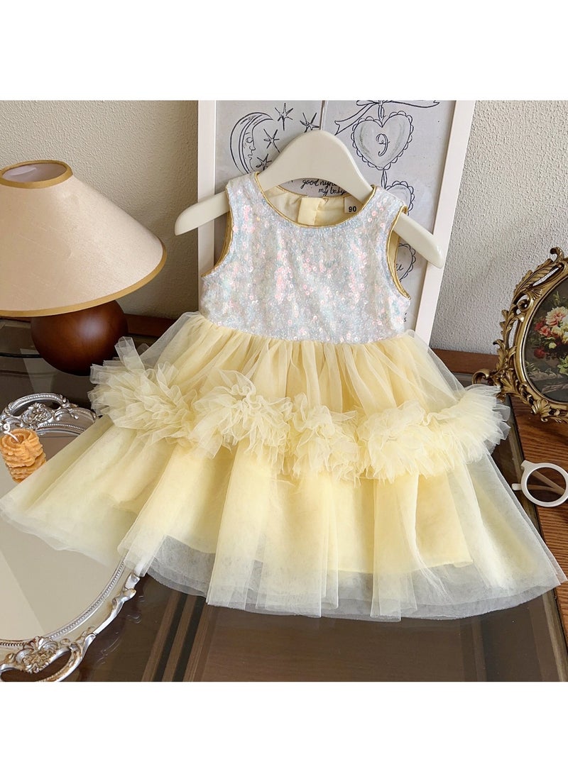 Yellow Sequin Bodice Double-Tier Tulle Princess Dress for Toddler Girls, Perfect for Birthday Parties, Photo Shoots & Special Occasions, Fits Height 100–110 cm (3–4 Y, 15–18.5 kg), Soft Polyester  - Image 5