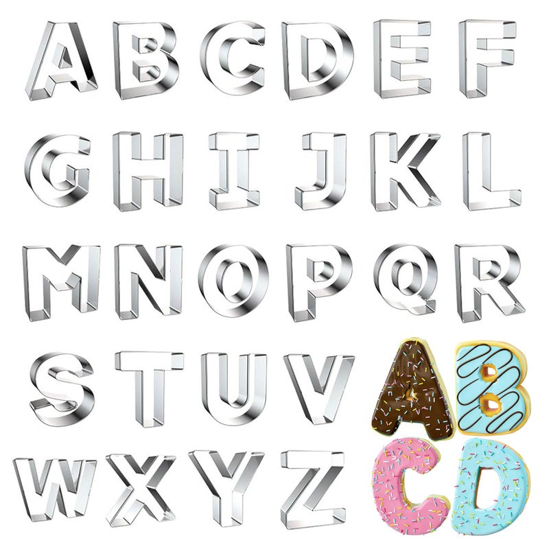 Letter Cookie Cutters Shapes Large 3 Inch  26 Pcs Stainless Steel Alphabet Letter Cookie Cutter Set Fondant Biscuit Fruit Dough Mold Tools for Sandwich Birthday Christmas and Holiday Party
