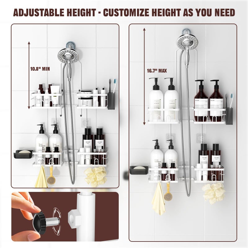 Reinhardt Adjustable Shower Caddy Hanging Rustproof Shower Caddy For Handheld Showerheads  Shower Organizer With Hooks Soap Holder Toothbrush Holder  Anti-Swing Shower Rack Bathroom Accessories  White - Image 2