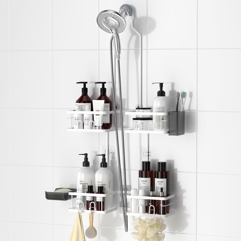 Reinhardt Adjustable Shower Caddy Hanging Rustproof Shower Caddy For Handheld Showerheads  Shower Organizer With Hooks Soap Holder Toothbrush Holder  Anti-Swing Shower Rack Bathroom Accessories  White - Image 1