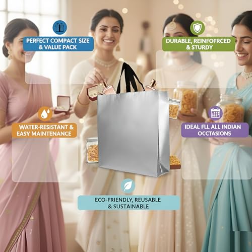 ekysa dekor Silver Metallic Bags with Handles (Pack of 5) - 9x7x3 Inches, Reusable Non-woven Laminated Eco-Friendly Glossy Tote Bags for Wedding/Party Return Gift, Festive Hamper (Water-Resistant) - Image 3