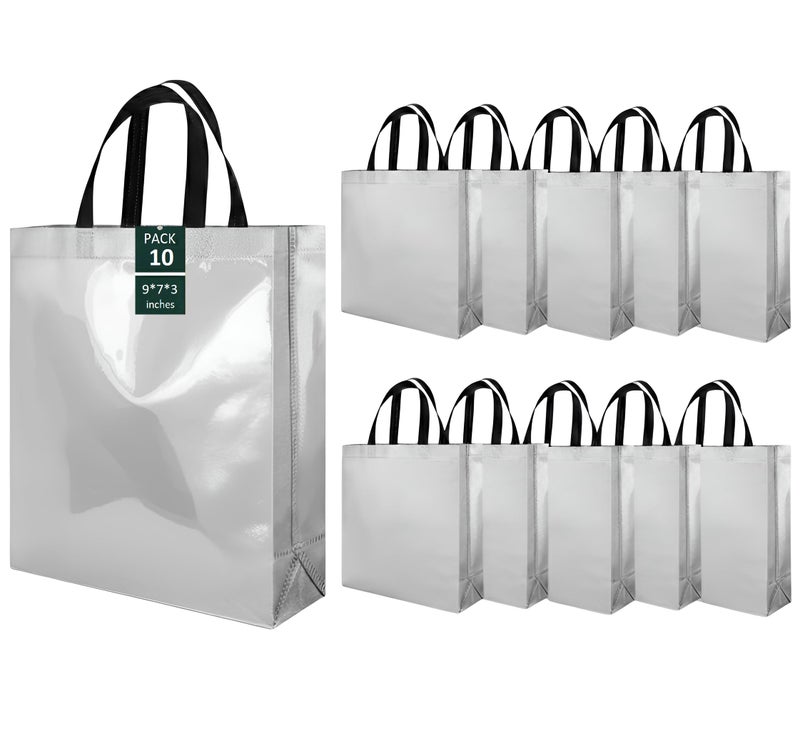 ekysa dekor Silver Metallic Bags with Handles (Pack of 5) - 9x7x3 Inches, Reusable Non-woven Laminated Eco-Friendly Glossy Tote Bags for Wedding/Party Return Gift, Festive Hamper (Water-Resistant) - Image 1