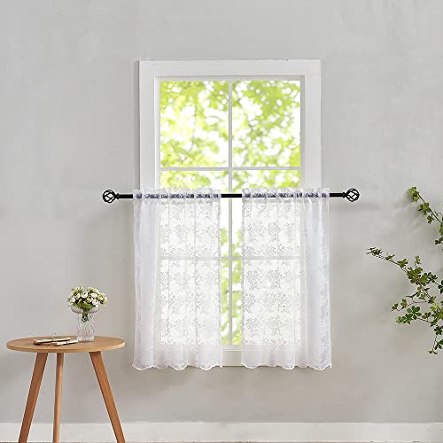 YJ YANJUN White Lace Curtains - 36 Inch Length Country Cafe Kitchen Sheer Tier Short Curtains for Bathroom - 2 Panels 26 x 36 Inch - Image 1