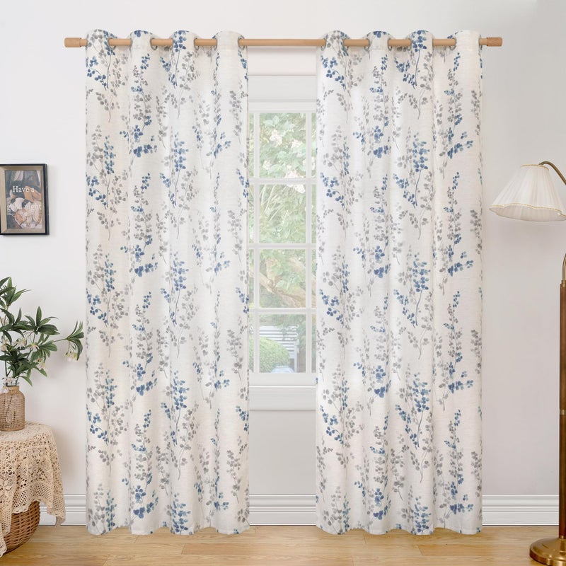 BGment ستائر بياضات Brage لغرفة المعيشة 84 بوصة طول 2 لوحات الأزهار أنماط أوراق الأزهار مرشحًا للخصوصية الستائر نافذة على غرفة النوم Boho Farmhouse Vintage كل 52 بوصة البحرية - Image 1