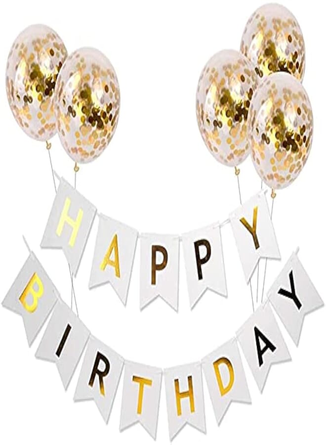 Secret Happy Birthday Banner Birthday Bunting with 5 Gold Confetti Latex Balloons Perfect for Birthday Party Decorations - White