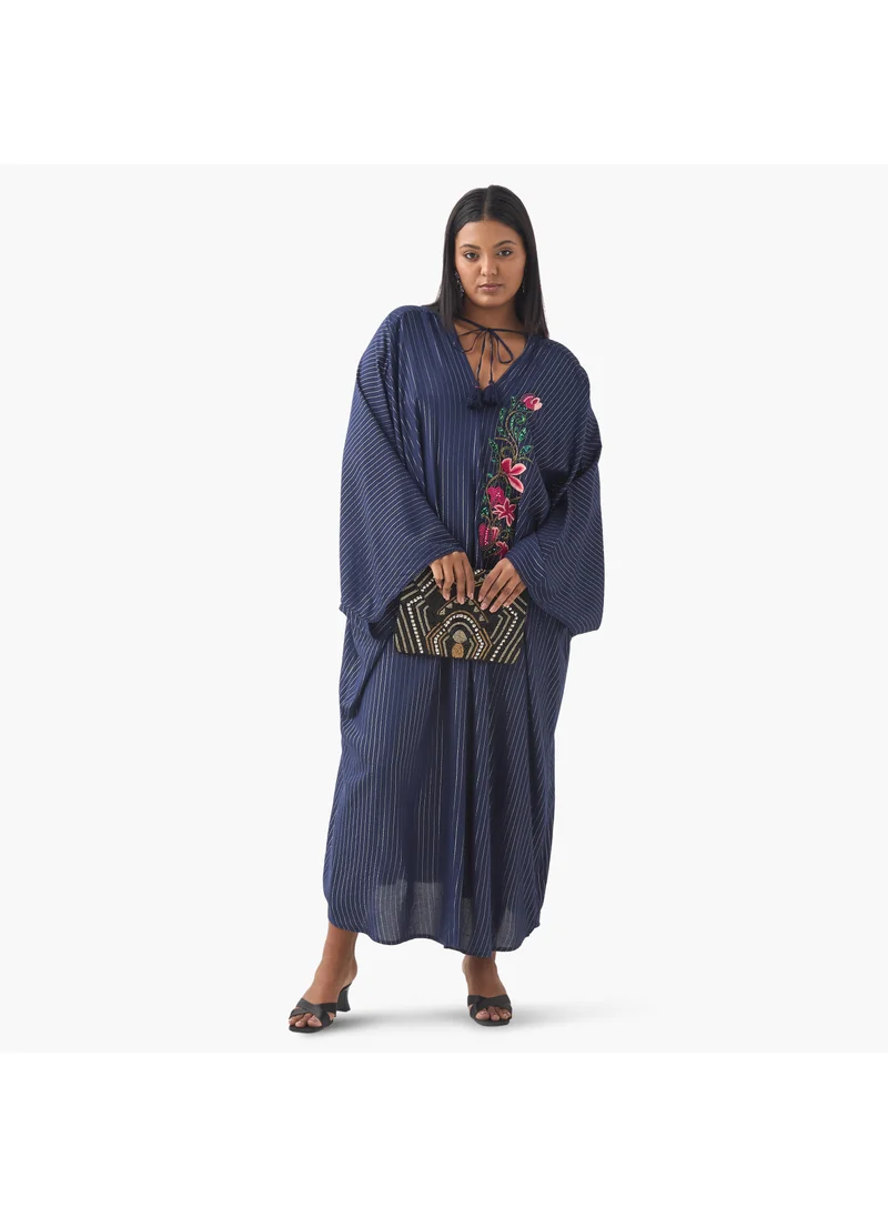 Ulla Popken Plus Size Ulla Popken Floral Embellished Kaftan Dress with Tie-Up Neck