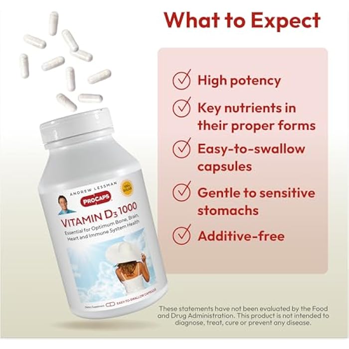 ANDREW LESSMAN Vitamin D3 1000 IU 60 Capsules - High Potency, Essential for Calcium Absorption, Supports Bone Health, Healthy Muscle Function, Immune System, More. Small Easy to Swallow Capsules - Image 4