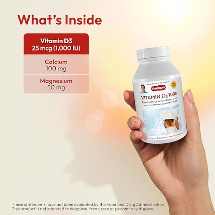 ANDREW LESSMAN Vitamin D3 1000 IU 60 Capsules - High Potency, Essential for Calcium Absorption, Supports Bone Health, Healthy Muscle Function, Immune System, More. Small Easy to Swallow Capsules - Image 3
