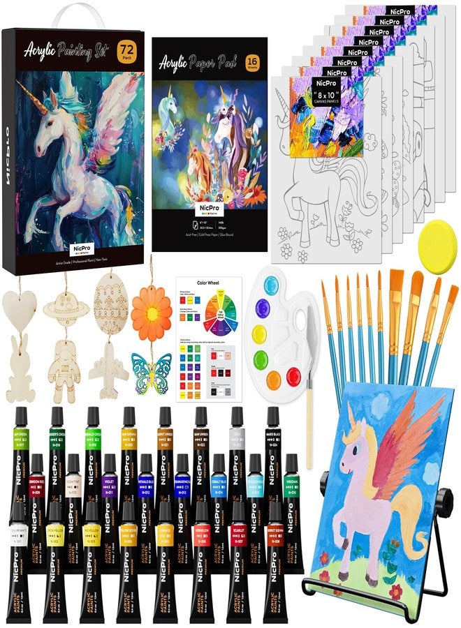 Nicpro 72PCS Kids Painting Set with Pattern Canvas, Art Supplies Kit with 8 DIY Wooden Slices,24 Acrylic Paint,10 Paint Brush,8 Canvas Panels,Table Easel,Paper Pad,Palette for Beginner Student Toddler - Image 1