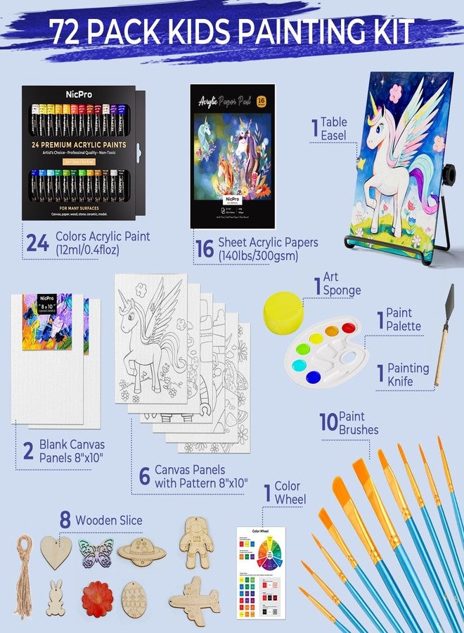 Nicpro 72PCS Kids Painting Set with Pattern Canvas, Art Supplies Kit with 8 DIY Wooden Slices,24 Acrylic Paint,10 Paint Brush,8 Canvas Panels,Table Easel,Paper Pad,Palette for Beginner Student Toddler - Image 2