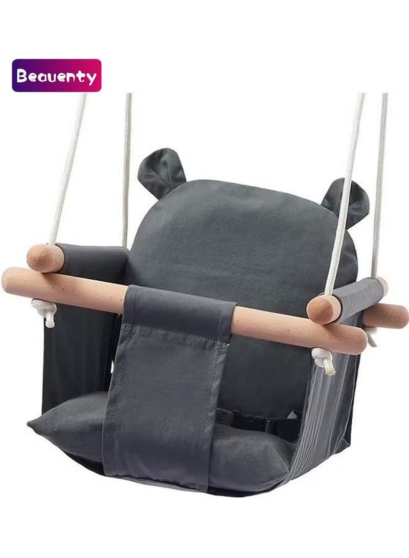 Beauenty Secure Baby Swing Seat with Safety Belt - Baby Canvas and Wooden Swing Chair with Ear Décor Cushion - Hanging Indoor Swing for Infants & Baby Swing Outdoor - Tree Toddler Swing for Backyard Outside - Image 1