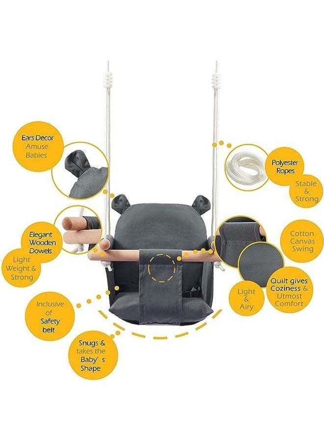 Beauenty Secure Baby Swing Seat with Safety Belt - Baby Canvas and Wooden Swing Chair with Ear Décor Cushion - Hanging Indoor Swing for Infants & Baby Swing Outdoor - Tree Toddler Swing for Backyard Outside - Image 4