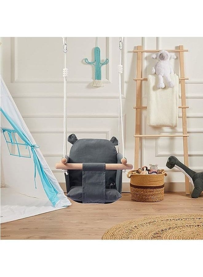 Beauenty Secure Baby Swing Seat with Safety Belt - Baby Canvas and Wooden Swing Chair with Ear Décor Cushion - Hanging Indoor Swing for Infants & Baby Swing Outdoor - Tree Toddler Swing for Backyard Outside - Image 2