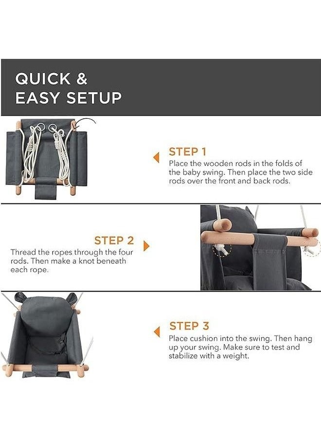 Beauenty Secure Baby Swing Seat with Safety Belt - Baby Canvas and Wooden Swing Chair with Ear Décor Cushion - Hanging Indoor Swing for Infants & Baby Swing Outdoor - Tree Toddler Swing for Backyard Outside - Image 5