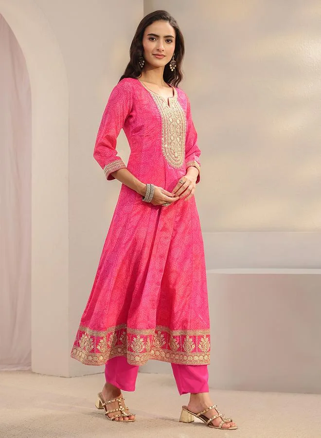 Libas Pink Printed Anarkali Kurta With Trouser And Dupatta Set