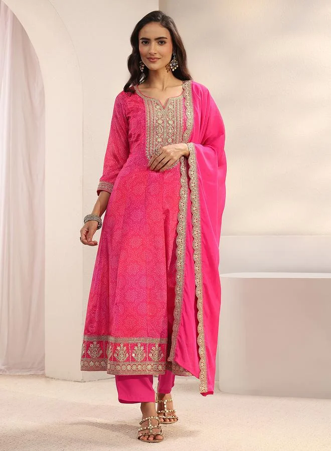 Libas Pink Printed Anarkali Kurta With Trouser And Dupatta Set