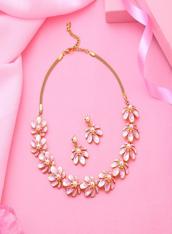 Estele Rose Gold Pink Floral Necklace Jewellery Set for Women - Image 3