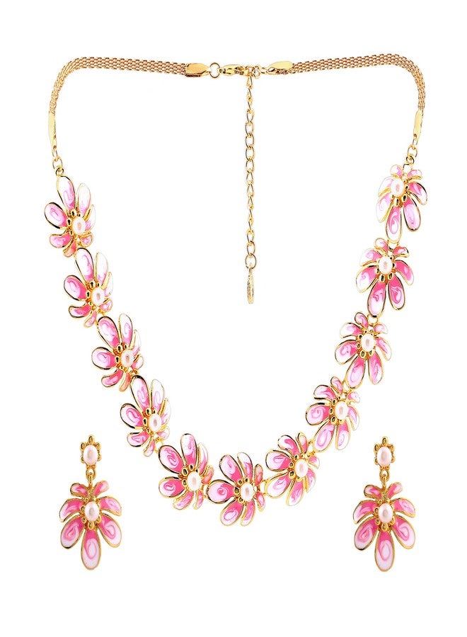 Estele Rose Gold Pink Floral Necklace Jewellery Set for Women - Image 2