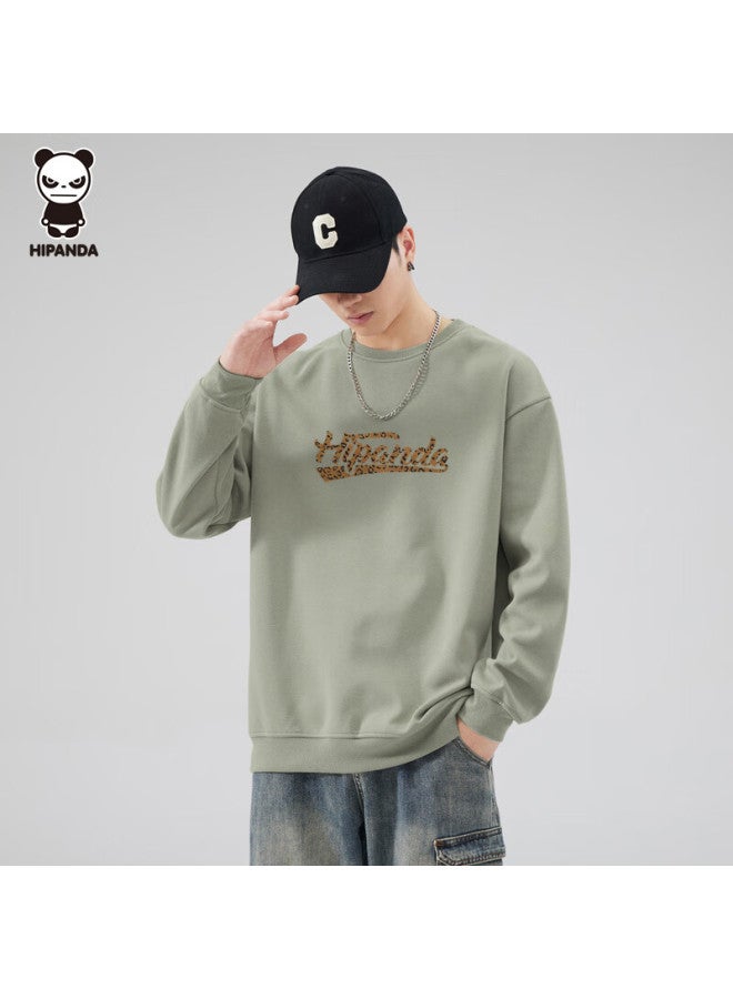 Hipanda Men's Sweatshirt, Autumn Season, 3d Flocked Round Neck, Trendy American Retro Style, Versatile Comfortable Top, Light Bean Green, Size M - Image 1