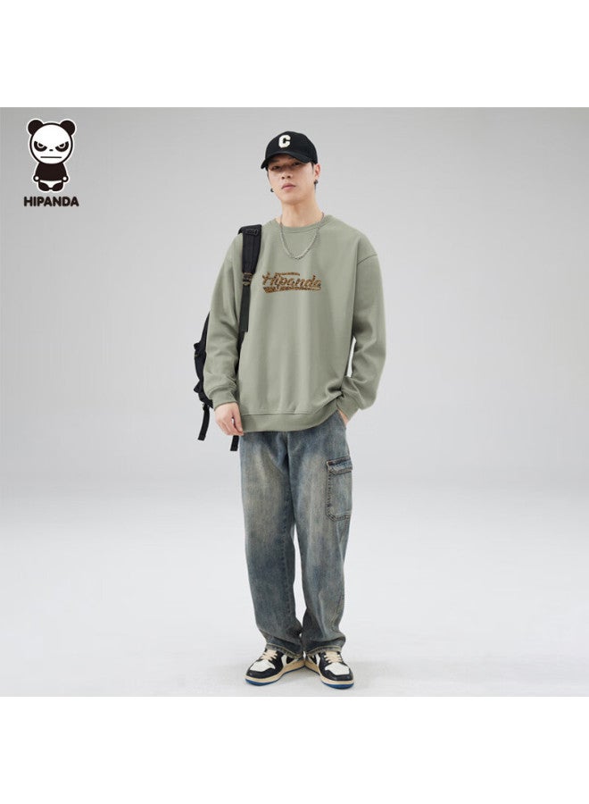 Hipanda Men's Sweatshirt, Autumn Season, 3d Flocked Round Neck, Trendy American Retro Style, Versatile Comfortable Top, Light Bean Green, Size M - Image 5