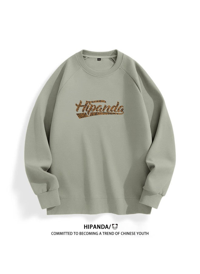 Hipanda Men's Sweatshirt, Autumn Season, 3d Flocked Round Neck, Trendy American Retro Style, Versatile Comfortable Top, Light Bean Green, Size M - Image 2