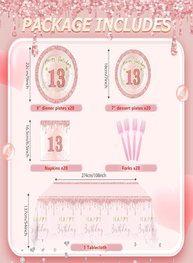 RTHPY 13th Birthday Decorations for Girls,Rose Gold 13 Birthday Girl Decorations Plates and Napkins Forks Table Clothes,13 Year Old Disposable Pink Tableware Set for 20 Guests Teenager Birthday Party - Image 2