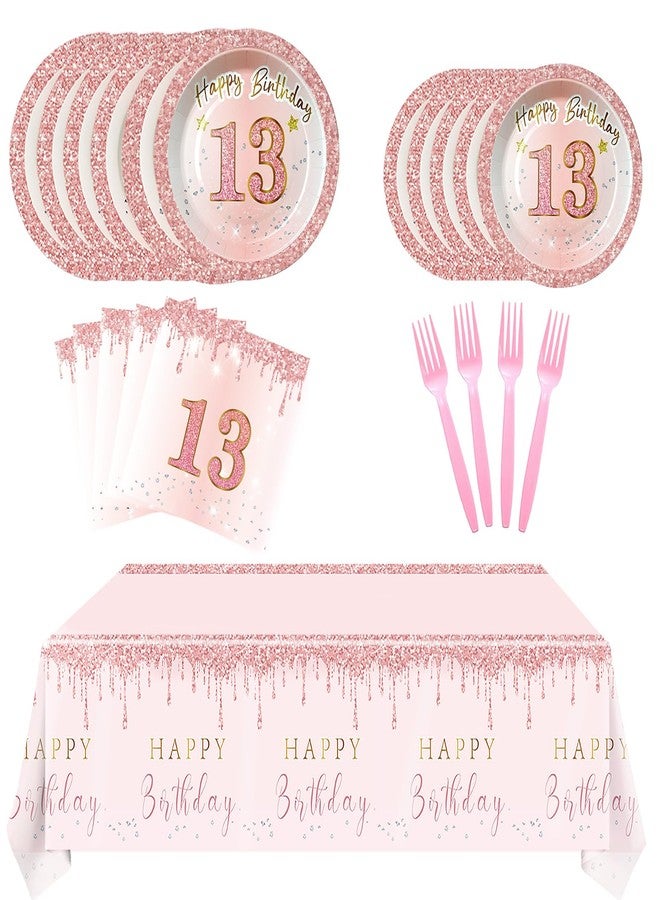 RTHPY 13th Birthday Decorations for Girls,Rose Gold 13 Birthday Girl Decorations Plates and Napkins Forks Table Clothes,13 Year Old Disposable Pink Tableware Set for 20 Guests Teenager Birthday Party - Image 1