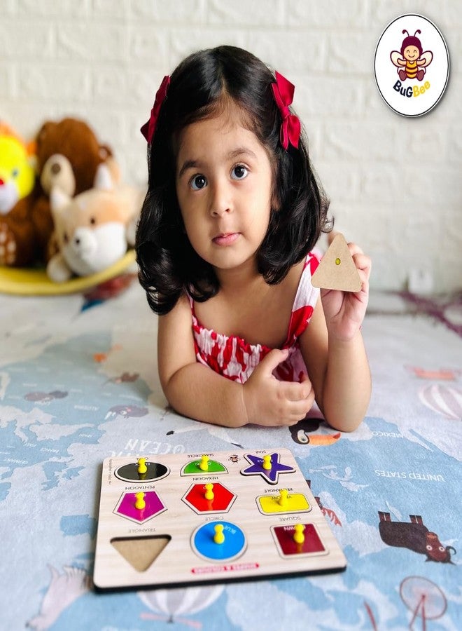 لعبة أحجية خشبية من BuGBee Toys للأشكال والألوان للأطفال من عمر سنتين إلى خمس سنوات فما فوق | لوحة تعليمية كبيرة الحجم لفرز الأشكال | لعبة خشبية تعليمية مكونة من 9 أشكال - Image 2