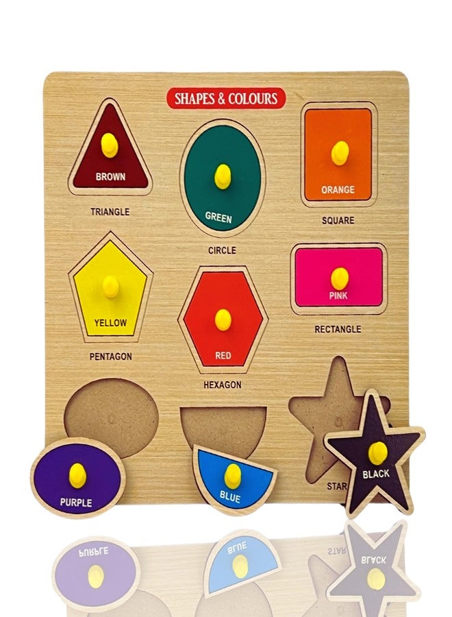 لعبة أحجية خشبية من BuGBee Toys للأشكال والألوان للأطفال من عمر سنتين إلى خمس سنوات فما فوق | لوحة تعليمية كبيرة الحجم لفرز الأشكال | لعبة خشبية تعليمية مكونة من 9 أشكال - Image 1