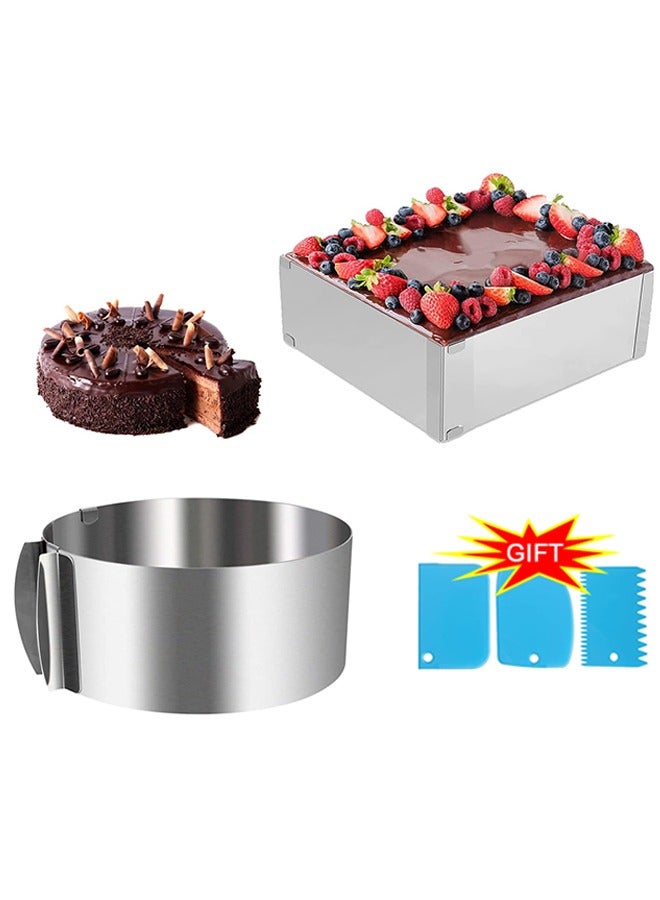 2Pcs Cake Ring Mould with Scaling, Food-Safe Stainless Steel Mold, Adjustable Baking Frame From 6-12inch for Baking Cooking Crumpets Eggs Pastry Mousse Desserts, 1Pcs Rectangular+1Pcs Round - Image 1