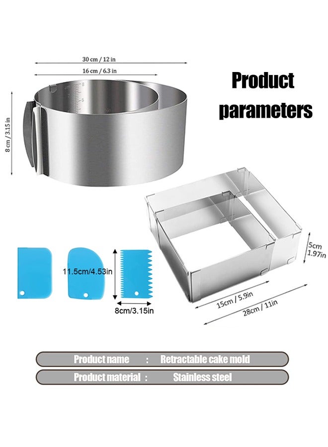 2Pcs Cake Ring Mould with Scaling, Food-Safe Stainless Steel Mold, Adjustable Baking Frame From 6-12inch for Baking Cooking Crumpets Eggs Pastry Mousse Desserts, 1Pcs Rectangular+1Pcs Round - Image 2