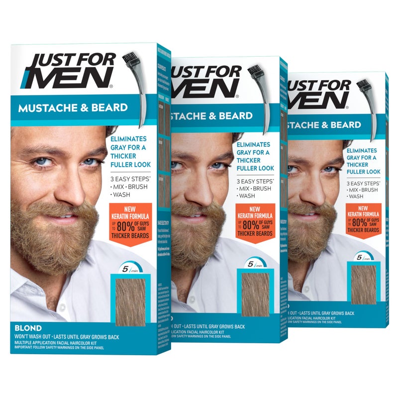 Just For Men Mustache & Beard, Beard Dye for Men with Brush Included, With Keratin Biotin Aloe and Coconut Oil for Healthy Facial Hair - Blond, M-10/15, Pack of 3 (Packaging May Vary) - Image 1