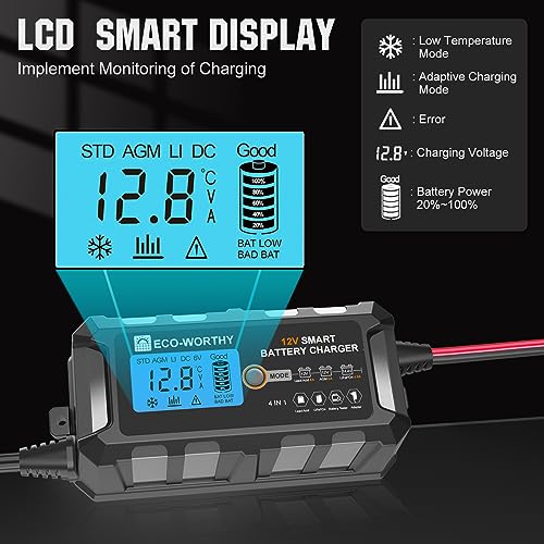 ECO-WORTHY 12V 5A Automatic Smart Battery Charger and Maintainer LCD Display for Lead Acid and Lithium (LiFePO4) Battery - Image 3