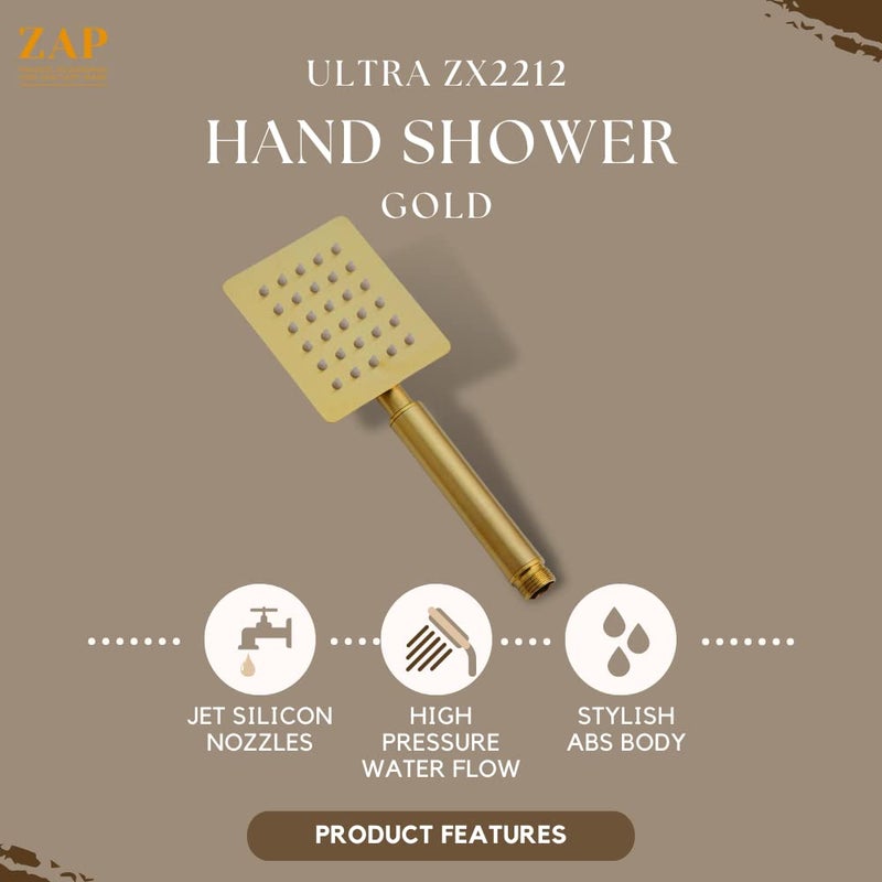 ZAP Zap Ultra ZX 2212 Gold Stainless Steel Handheld Shower Square Design with Chrome Finish and High Pressure With Hose Pipe Set  - Image 2