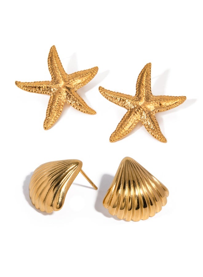 Gold Starfish and Seashell Stud Earrings Set, Stainless Steel, 2 Pairs, Gold Earrings for Women,Waterproof - Image 1
