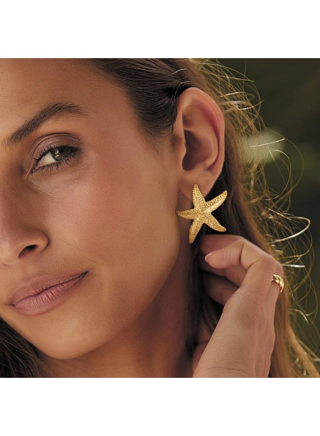 Gold Starfish and Seashell Stud Earrings Set, Stainless Steel, 2 Pairs, Gold Earrings for Women,Waterproof - Image 3
