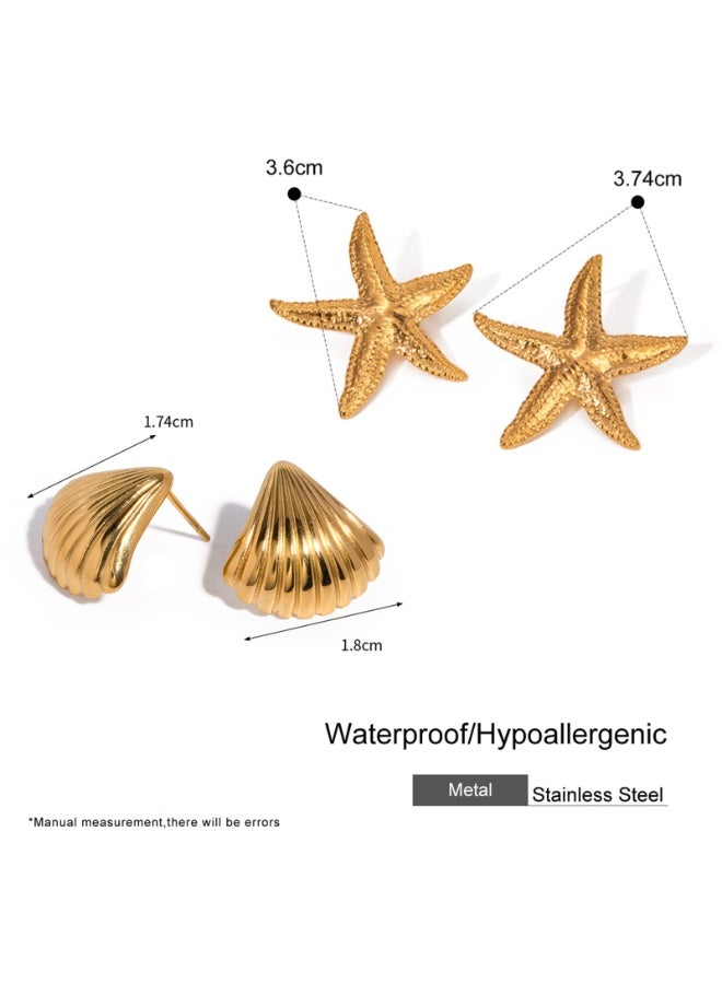 Gold Starfish and Seashell Stud Earrings Set, Stainless Steel, 2 Pairs, Gold Earrings for Women,Waterproof - Image 2