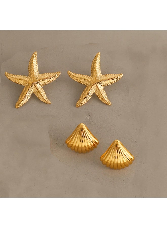 Gold Starfish and Seashell Stud Earrings Set, Stainless Steel, 2 Pairs, Gold Earrings for Women,Waterproof - Image 4