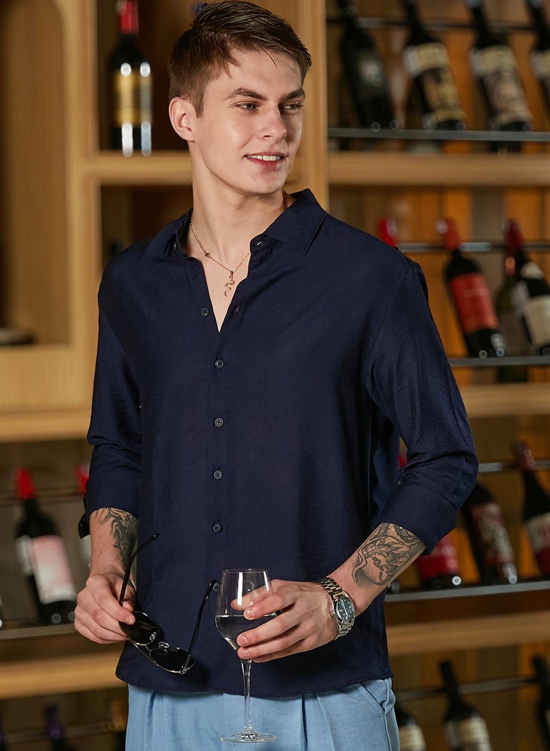 Campus Sutra Men's Navy Blue Breezy Wrinked Shirt  - Image 1