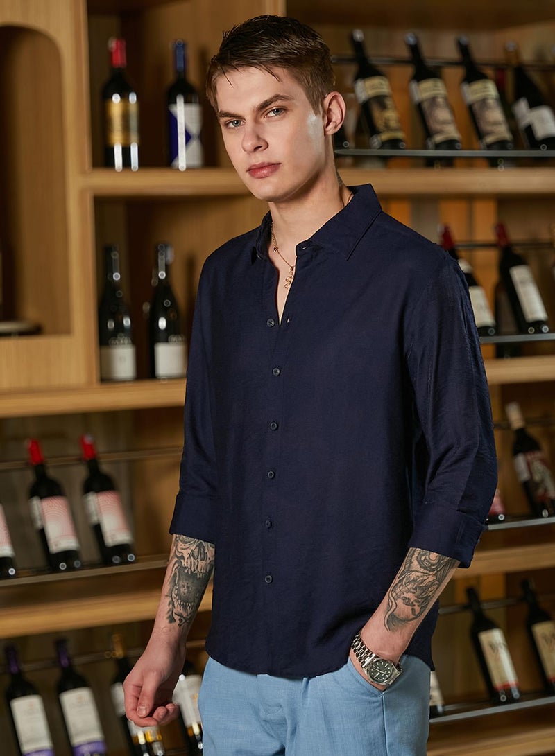 Campus Sutra Men's Navy Blue Breezy Wrinked Shirt  - Image 3